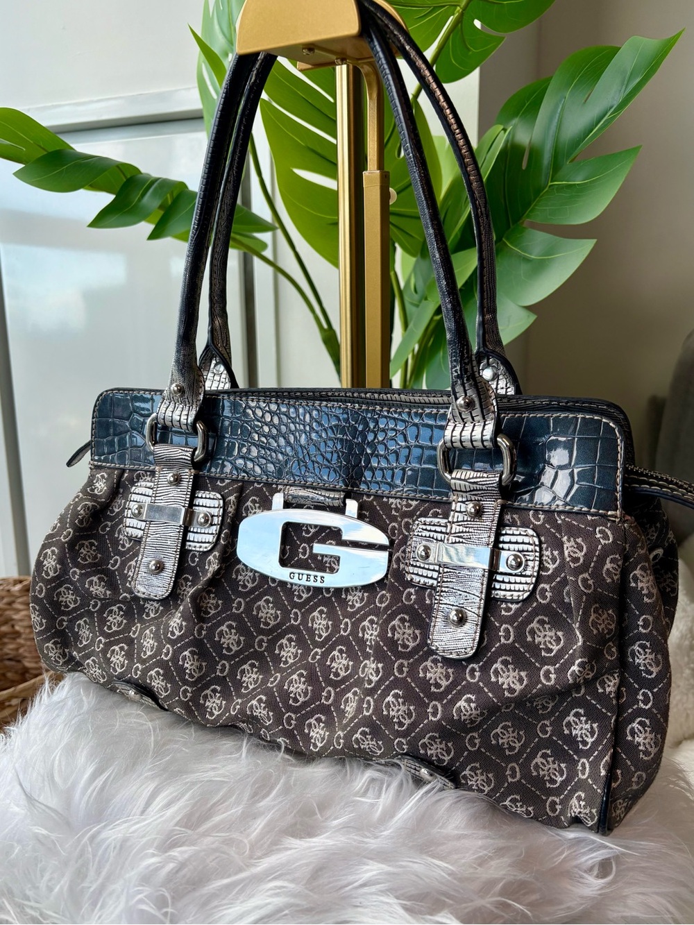 Vintage Y2K Guess Charcoal Grey Monogram Shoulder Bag Silver G Logo Croc Satchel